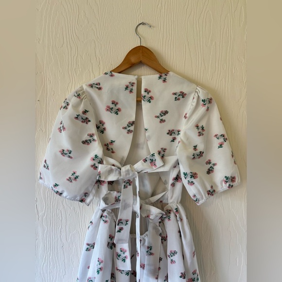 Sister Jane White Floral Embroidered Backless Baby Doll Mini Puff Sleeve Dress - Picture 11 of 17